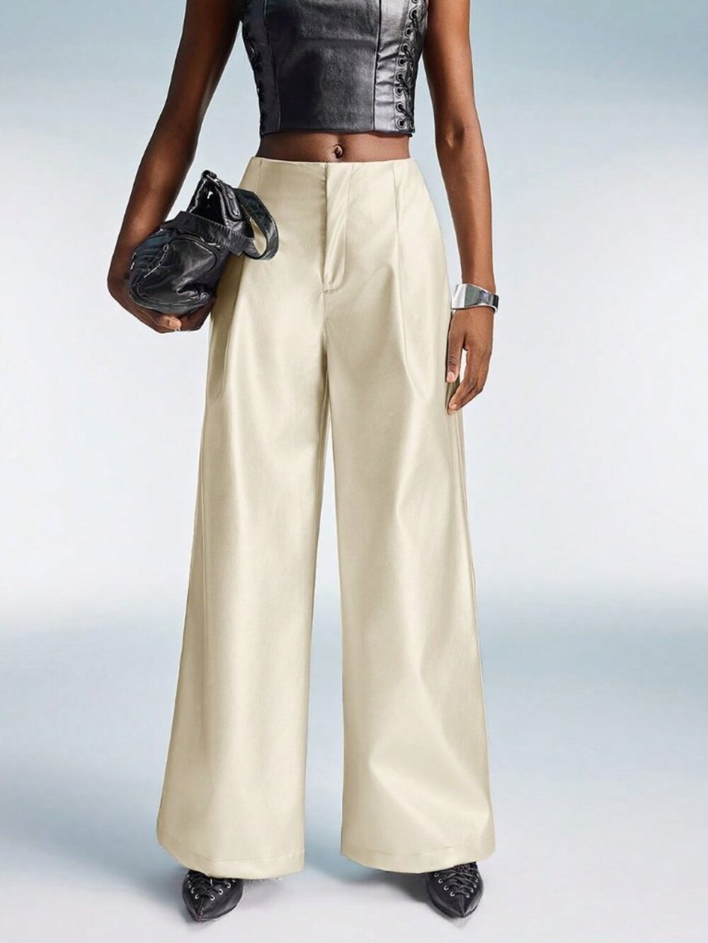 Beige Casual Women's Waist Cinched Wide Leg Straight Pants - Picture 3 of 5
